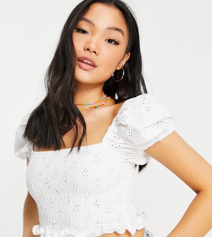 Asos Design Petite Square Neck Broidery Shirred Top With Puff Sleeves In White