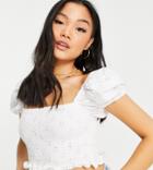Asos Design Petite Square Neck Broidery Shirred Top With Puff Sleeves In White
