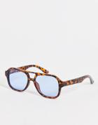 Asos Design Recycled Navigator Sunglasses With Blue Lens In Brown Tortoiseshell