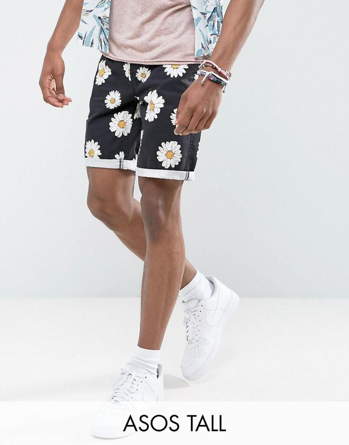 Asos Tall Slim Chino Shorts With Daisy Print In Black - Black
