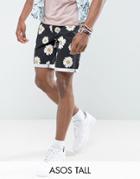 Asos Tall Slim Chino Shorts With Daisy Print In Black - Black