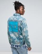 Reason Denim Jacket In Marble Wash With Back Print - Blue