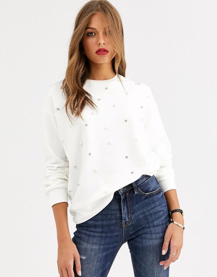 Stradivarius Pearl Detail Sweatshirt In White