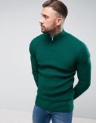 Asos Longline Half Zip Ribbed Sweater In Green - Green