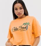 Asos Design Petite T-shirt In Wash With Palm Beach Motif - Orange