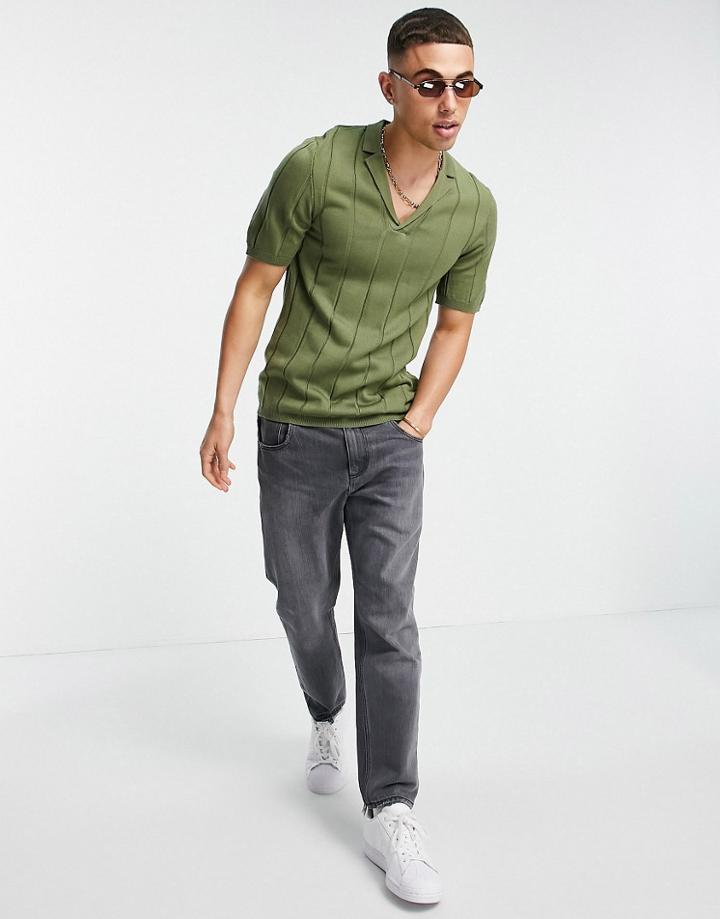 Asos Design Knitted Wide Rib Revere T-shirt In Khaki-green