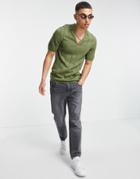 Asos Design Knitted Wide Rib Revere T-shirt In Khaki-green