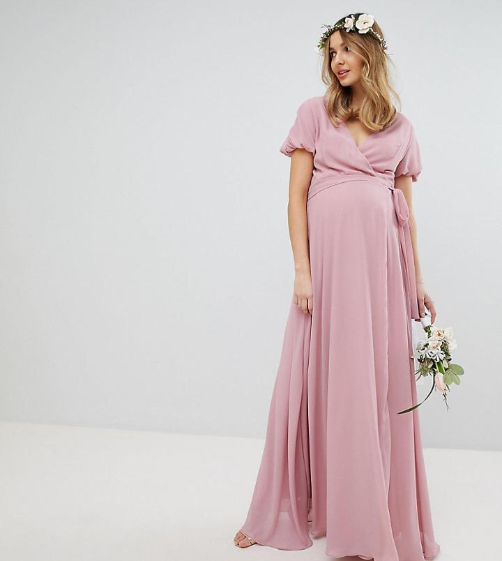 Tfnc Maternity Wrap Maxi Bridesmaid Dress With Tie Detail And Puff Sleeves-pink
