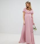 Tfnc Maternity Wrap Maxi Bridesmaid Dress With Tie Detail And Puff Sleeves-pink