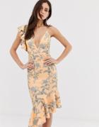 Asos Design Shadow Floral Ruffle Hem Midi Dress - Multi