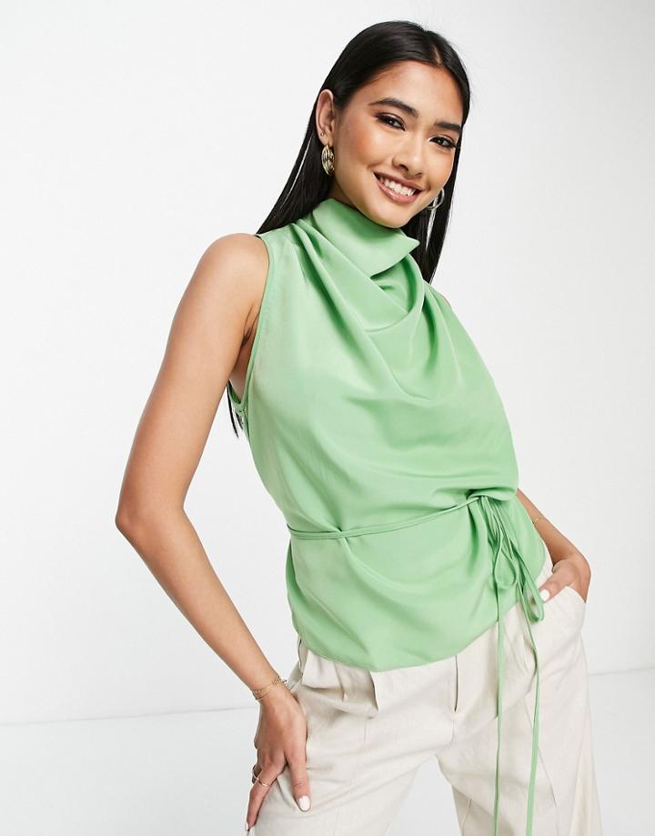 Asos Design Cowl Neck Sleeveless Blouse With Skinny Tie Waist Detail In Green