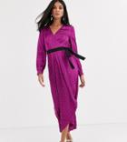 Little Mistress Tall Satin Wrap Dress With Contrast Waistband In Mulberry