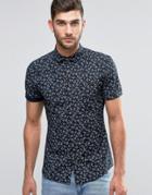 Asos Short Sleeve Floral Print Shirt In Skinny Fit - Navy