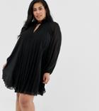Asos Design Curve Pleated Trapeze Mini Dress With Tie Neck-black