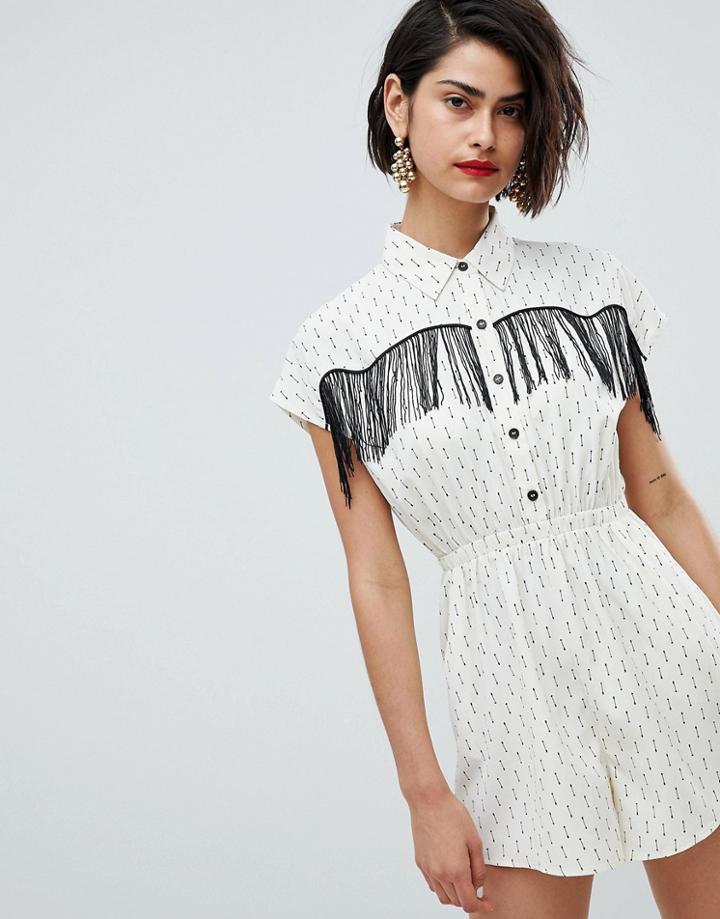 Asos Design Tea Romper With Fringing In Arrow Print-cream