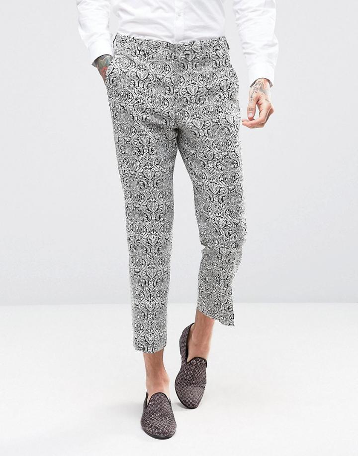 Asos Slim Suit Pants In Black And White Baroque Jacquard In Cropped Le