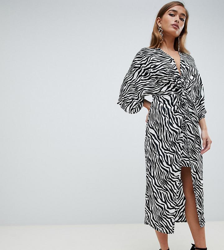 Asos Design Petite Kimono Dress In Midi Length In Zebra Animal Print - Multi