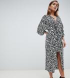 Asos Design Petite Kimono Dress In Midi Length In Zebra Animal Print - Multi