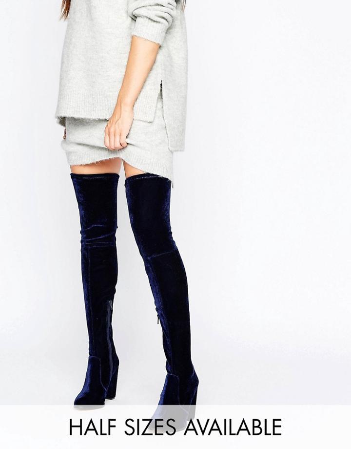 Asos Kingdom Velvet Heeled Over The Knee Boots - Navy