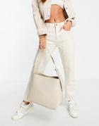 Asos Design Tote Bag In Beige With Buckle Strap-neutral
