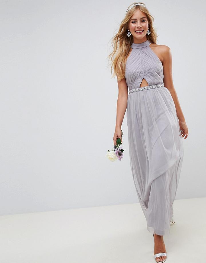 Asos Design Bridesmaid High Neck Mesh Embellished Waist Maxi Dress - Purple