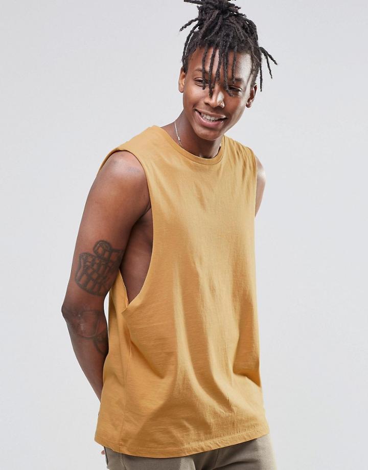 Asos Sleeveless T-shirt With Dropped Armhole In Yellow - Tan