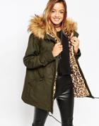 Asos Parka With Animal Faux Fur Liner - Olive