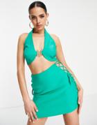 Asos Design Halter Neck Crop Top With Silver Buckle In Green - Part Of A Set