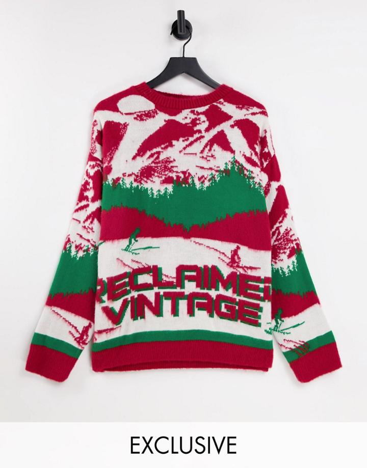 Reclaimed Vintage Inspired Unisex Mountain Scene Sweater-green