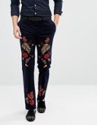 Asos Skinny Smart Pants In Navy With Embroidery - Navy