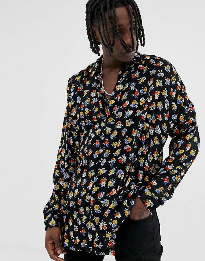 Asos Design Oversized Dropped Shoulder Ditsy Print Shirt With Deep Revere - Black