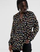 Asos Design Oversized Dropped Shoulder Ditsy Print Shirt With Deep Revere - Black