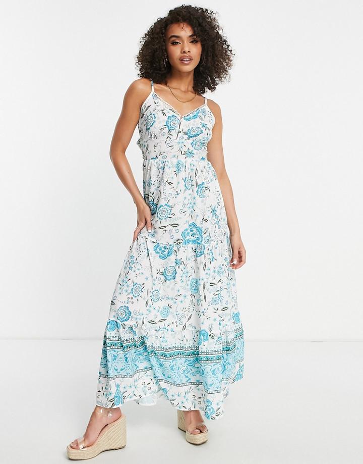 Parisian Floral Maxi Dress With Border Print-blue