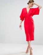 Asos Kimono Plunge Midi Dress - Red