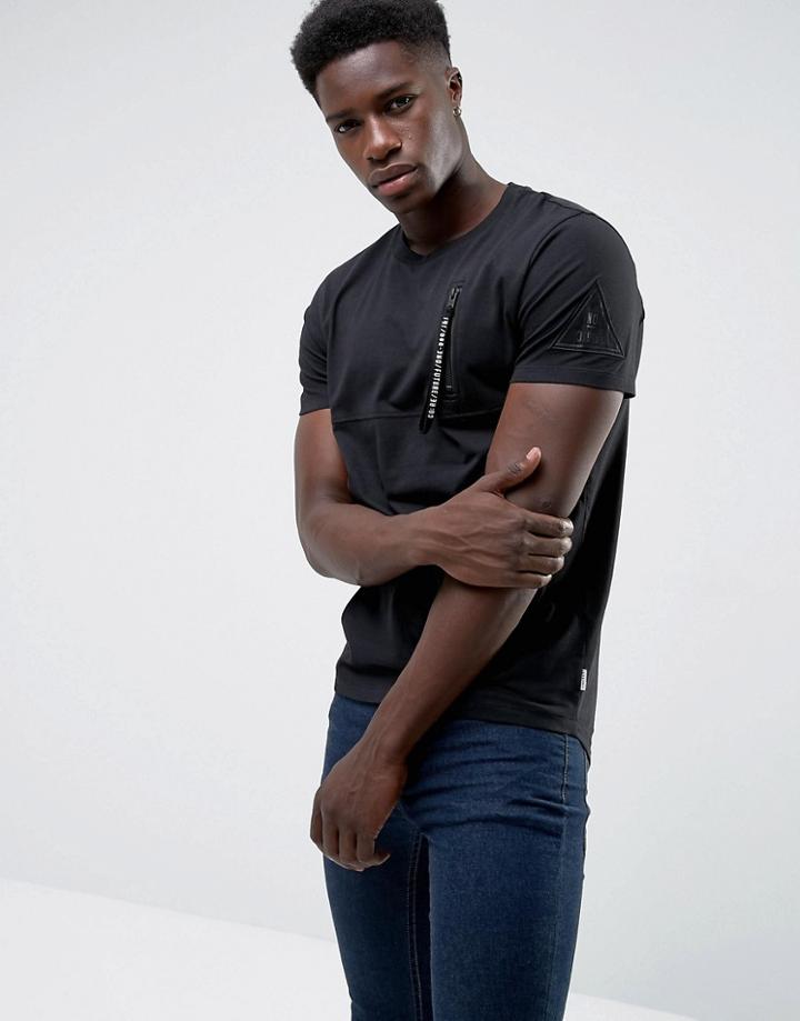 Jack & Jones Core Longline T-shirt With Zip Pocket And Arm Badge - Black