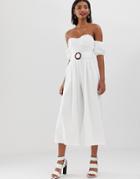 Asos Design Off Shoulder Jumpsuit With Puff Sleeve And Buckle Detail-white