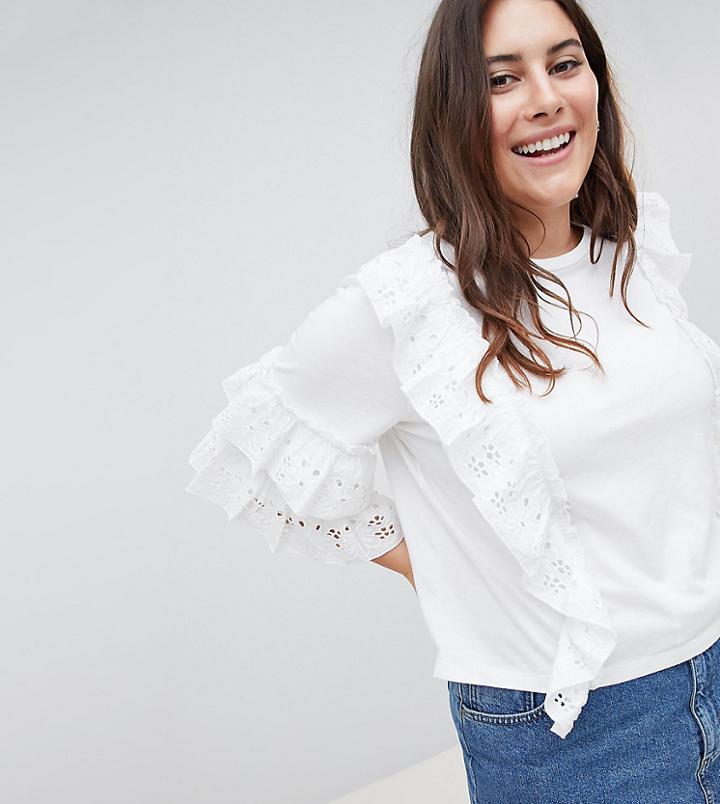 Asos Design Curve Ruffle Sleeve T-shirt With Broderie Detail - White