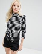 Brave Soul Stripe Roll Neck Sweater - Black