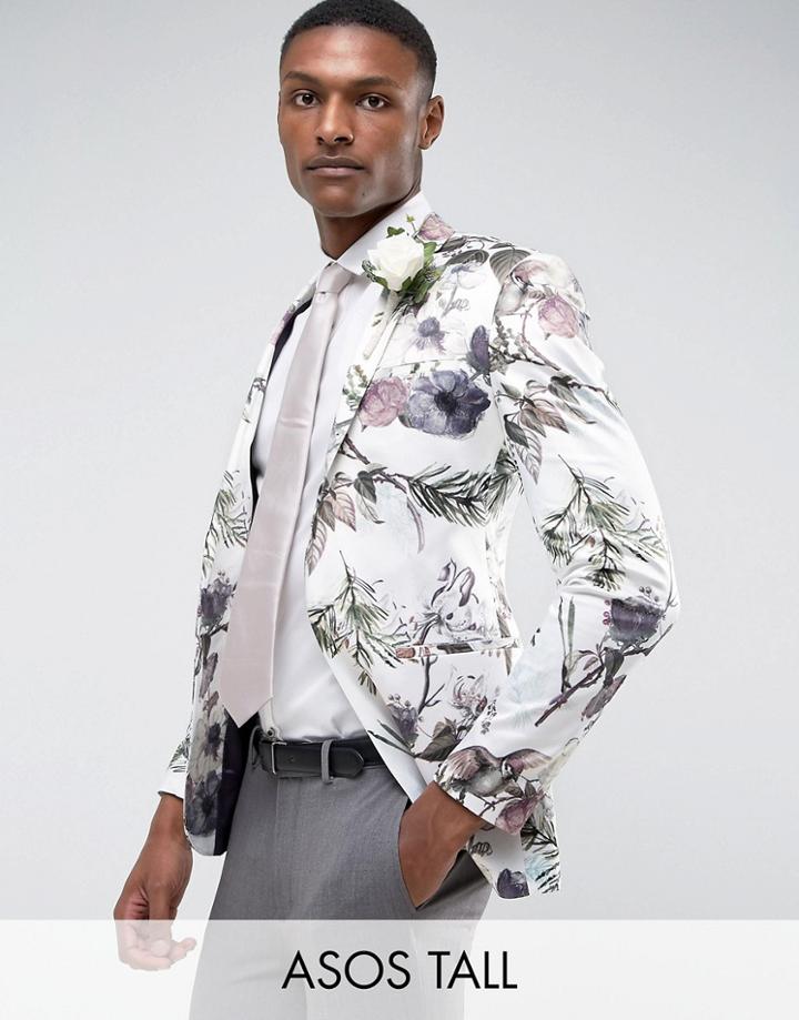 Asos Tall Wedding Super Skinny Blazer With Watercolor Floral Print - White