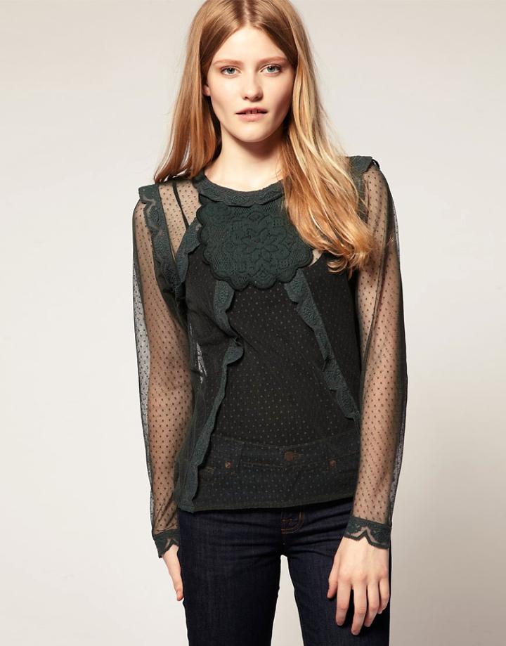 Asos Cotton Lace Panel Blouse - Green