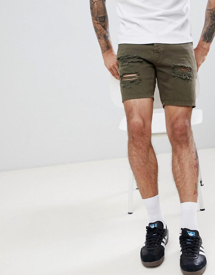 Brave Soul Frayed Hem Denim Shorts - Green