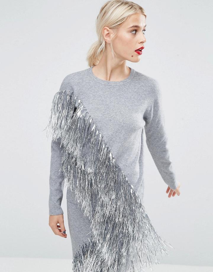 Asos Co-ord Sweater With Metallic Fringing - Silver