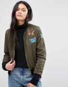 Brave Soul Khaki Bomber Jacket With Butterfly Badges - Green