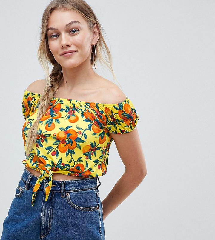 Asos Design Petite Off Shoulder Top In Tropical Fruit Print - Multi