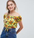 Asos Design Petite Off Shoulder Top In Tropical Fruit Print - Multi