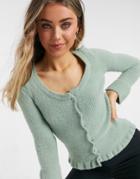 Asos Design Ribbed Cardigan In Fluffy Yarn In Mint-green