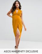 Asos Maternity Drape Front Midi Dress With Choker Detail - Yellow