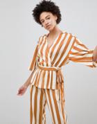 Moss Copenhagen Wrap Front Top In Satin Stripe Two-piece - Brown