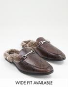 Asos Design Backless Mule Loafer In Brown Snake Faux Leather With Faux Fur