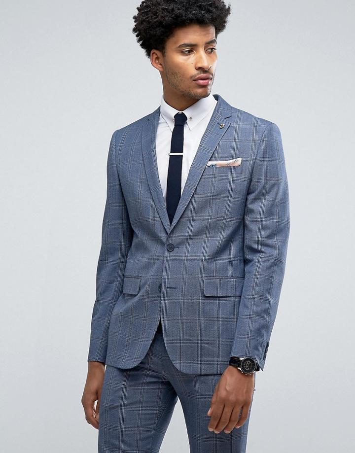 Farah Skinny Suit Jacket In Prince Of Wales Check - Blue